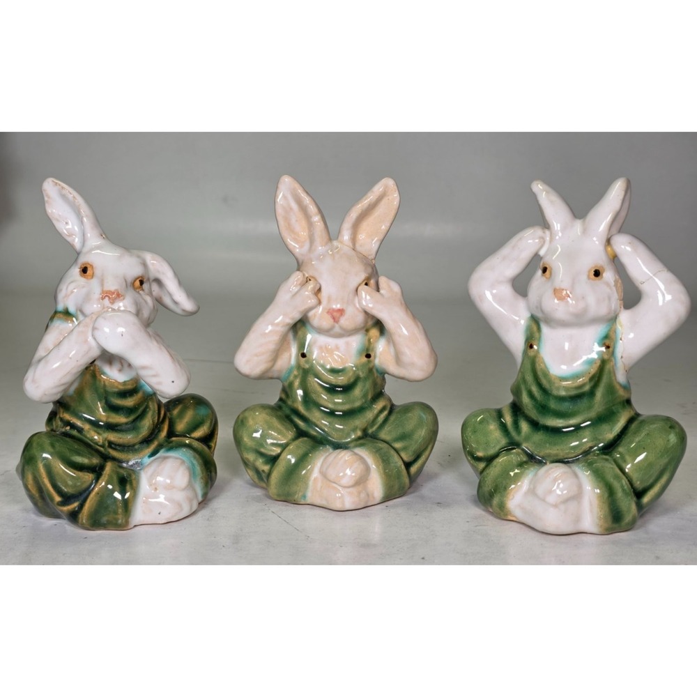 Vintage Andrea By Sadek Ceramic Bunny Rabbits See Hear Speak No Evil Figurines